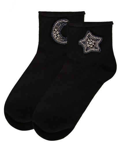 Women's Beaded Moon and Star Roll Top Shorties Sock : Color: Black