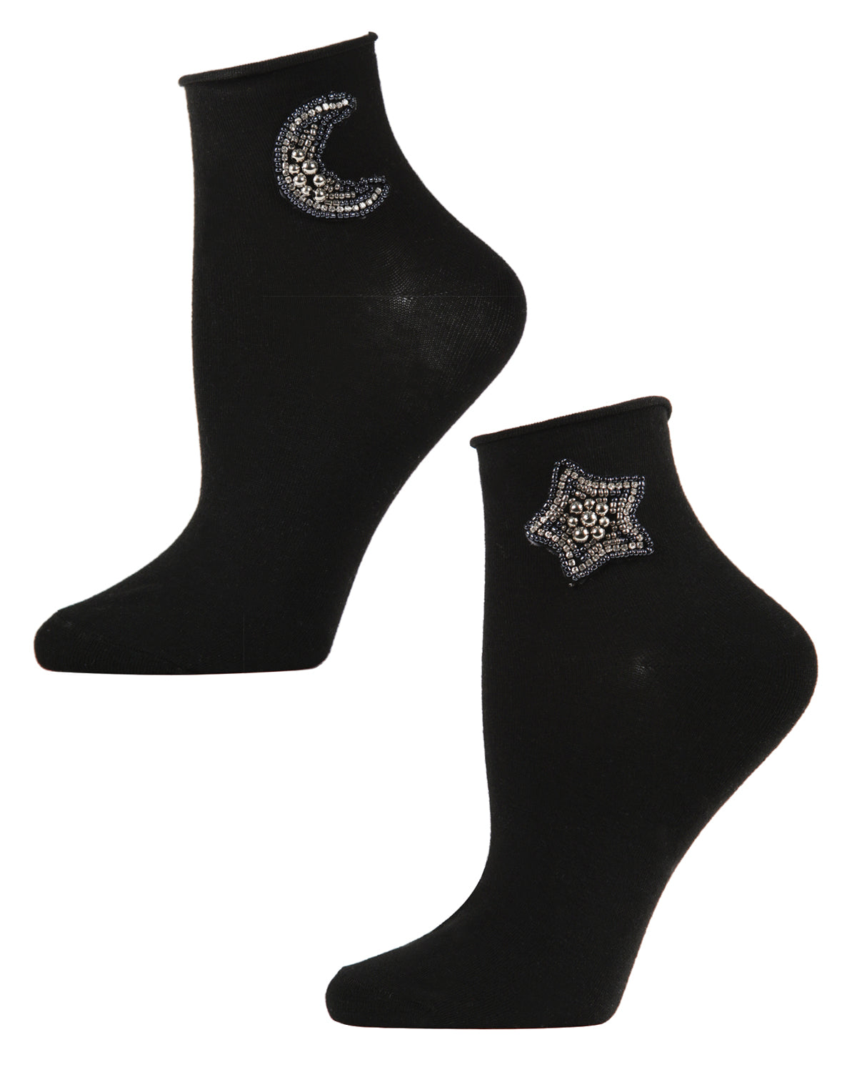 Women's Beaded Moon and Star Roll Top Shorties Sock : Color: Black