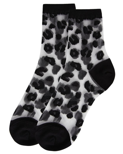 Women's Leopard Mono Fine Net Semi-Sheer Anklet Sock : Color: Black