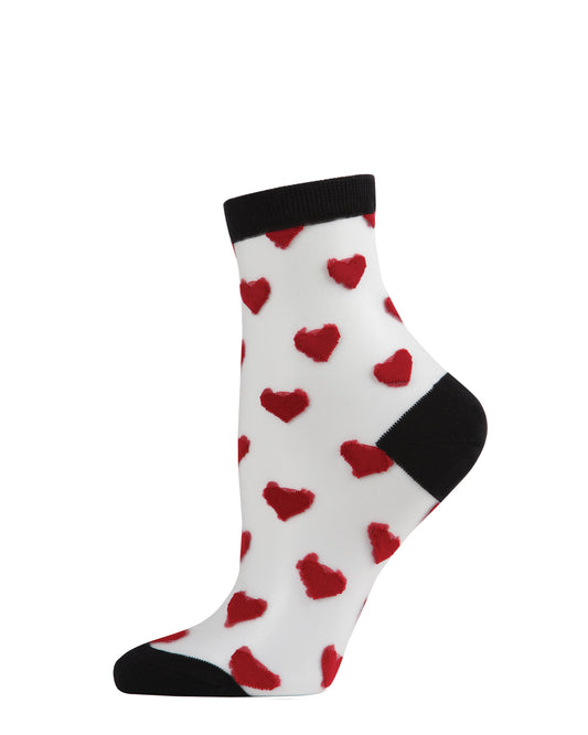 Women's Hearts Mono Fine Net Semi-Sheer Anklet Sock : Color: Black Red
