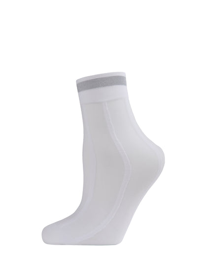 Women's Sheer Metallic Shimmer Stripe Accent Anklet Sock : Color: White