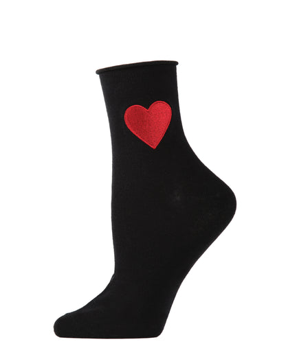 Women's Red Heart Roll Top Shortie Socks : Color: Black