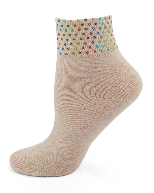 Women's Rainbow Sequin Cuff Cotton Blend Anklet Sock : Color: Oatmeal Heather