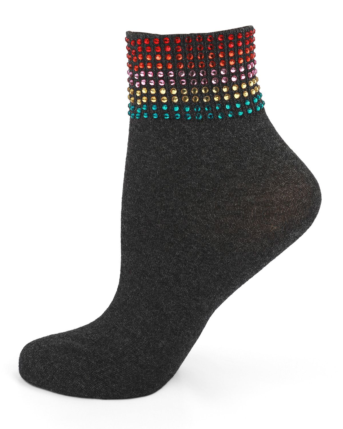 Women's Multicolor Rhinestone Cotton Blend Anklet Sock : Color: Dark Gray Heather