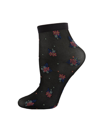 Women's Posy Patch Sheer Floral Knit Anklet Sock : Color: Black