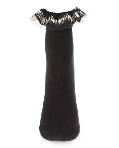 Women's Piping and Trim Fashion Ruffle Cuff Anklet Sock : Color: Black