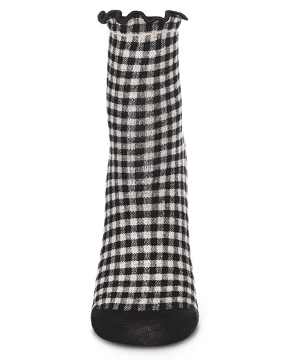 Women's Gingham Cotton Blend Ruffle Cuff Anklet Socks : Color: Black