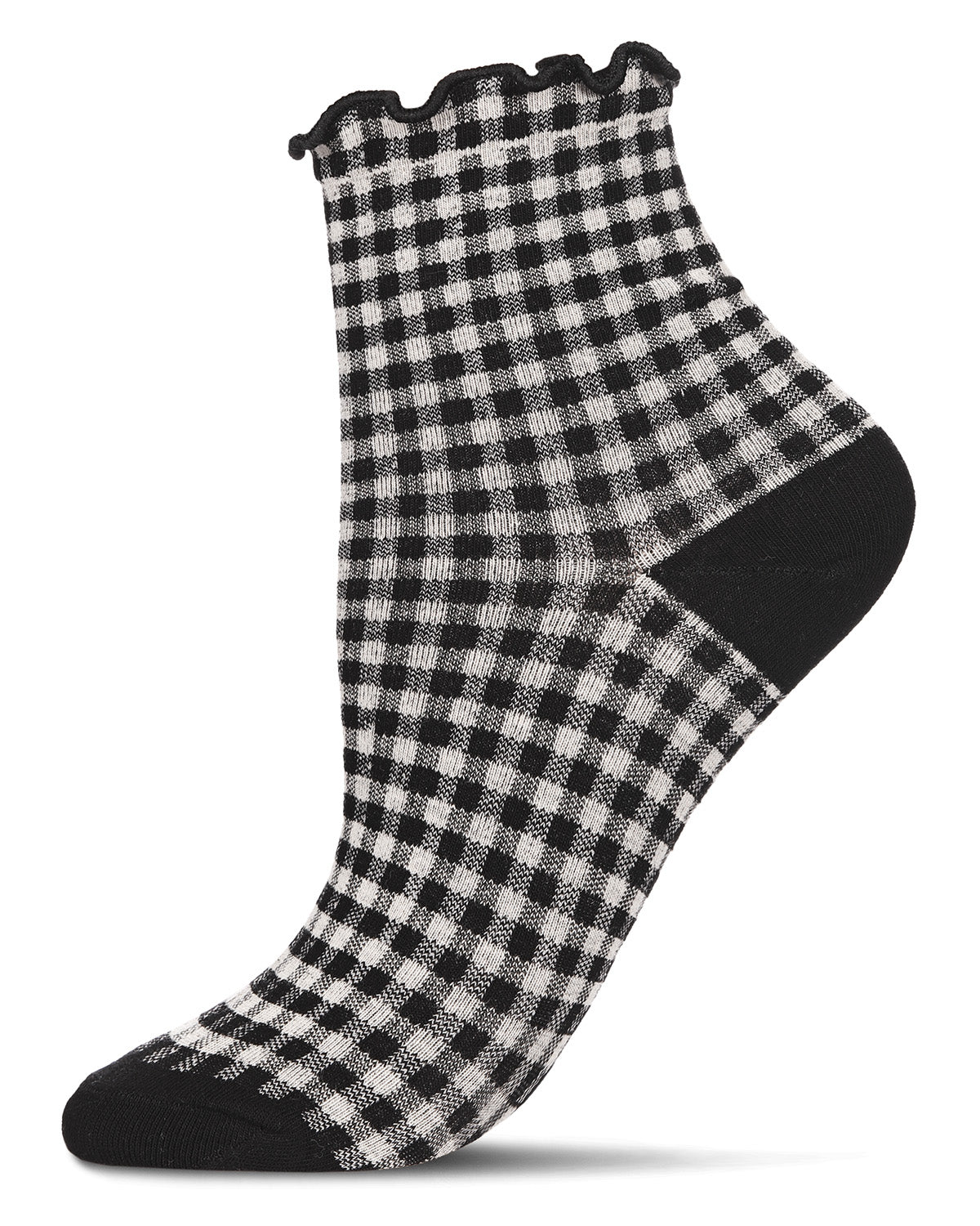 Women's Gingham Cotton Blend Ruffle Cuff Anklet Socks : Color: Black