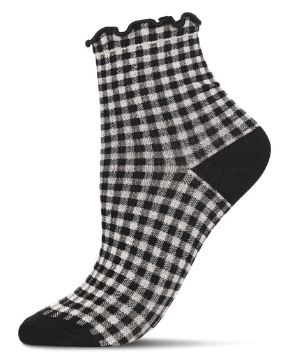 Women's Gingham Cotton Blend Ruffle Cuff Anklet Socks : Color: Black