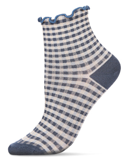 Women's Gingham Cotton Blend Ruffle Cuff Anklet Socks : Color: Denim