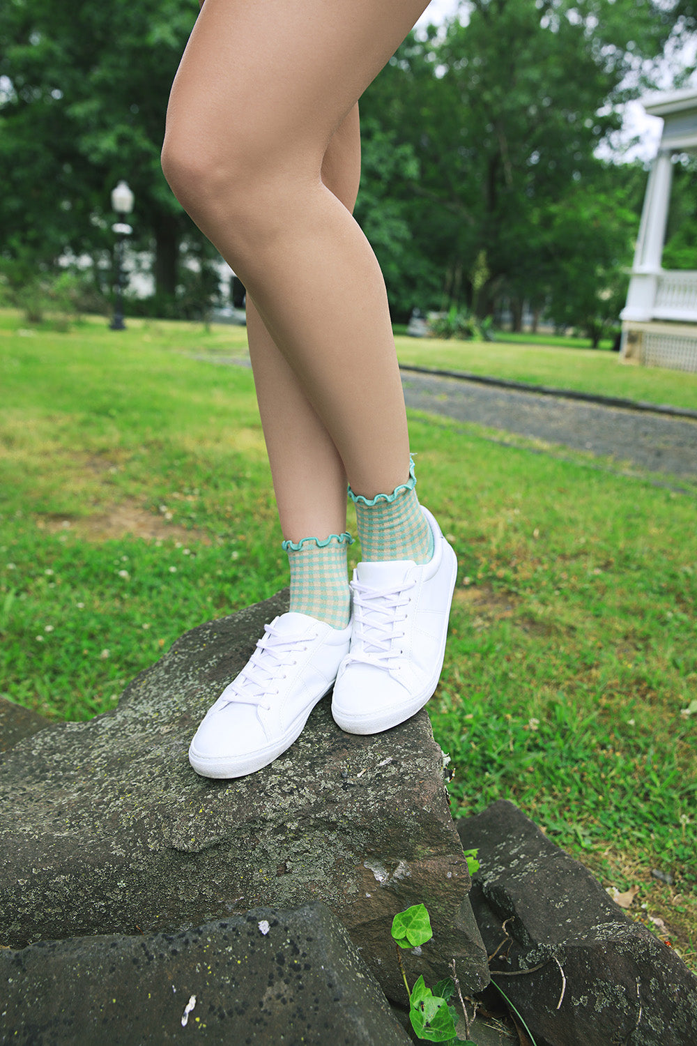 Women's Gingham Cotton Blend Ruffle Cuff Anklet Socks : Color: Mint