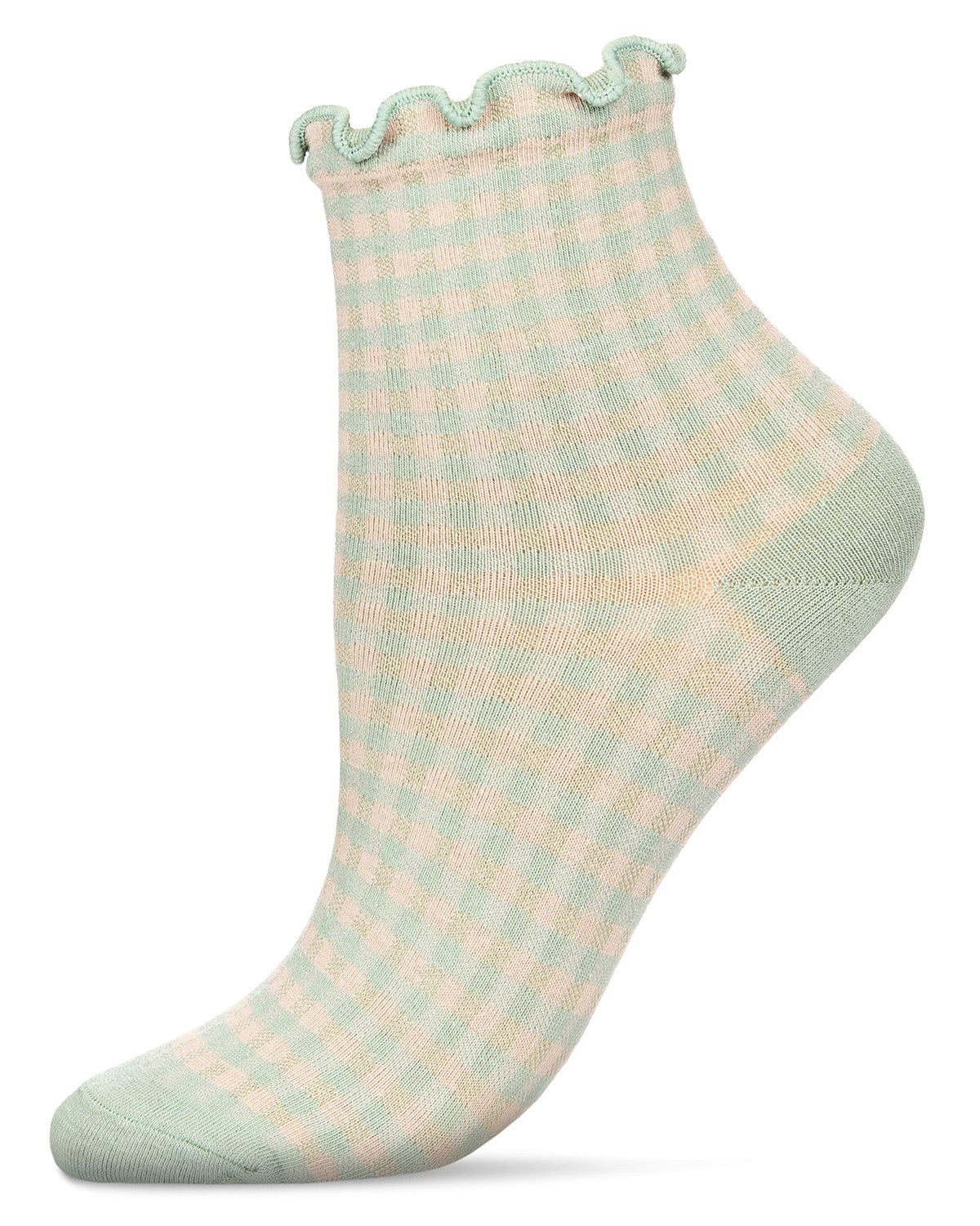 Women's Gingham Cotton Blend Ruffle Cuff Anklet Socks : Color: Mint
