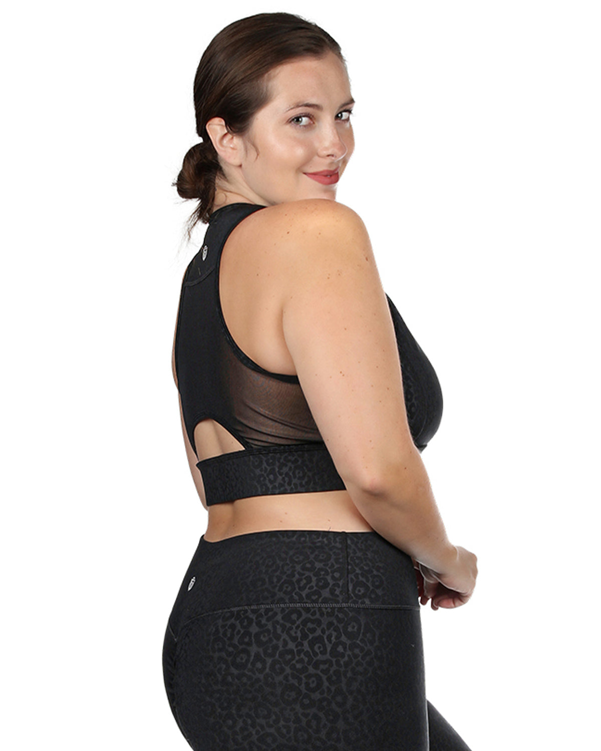 Women's Leopard Print Racerback Sports Bra with Removable Cups : Color: Black