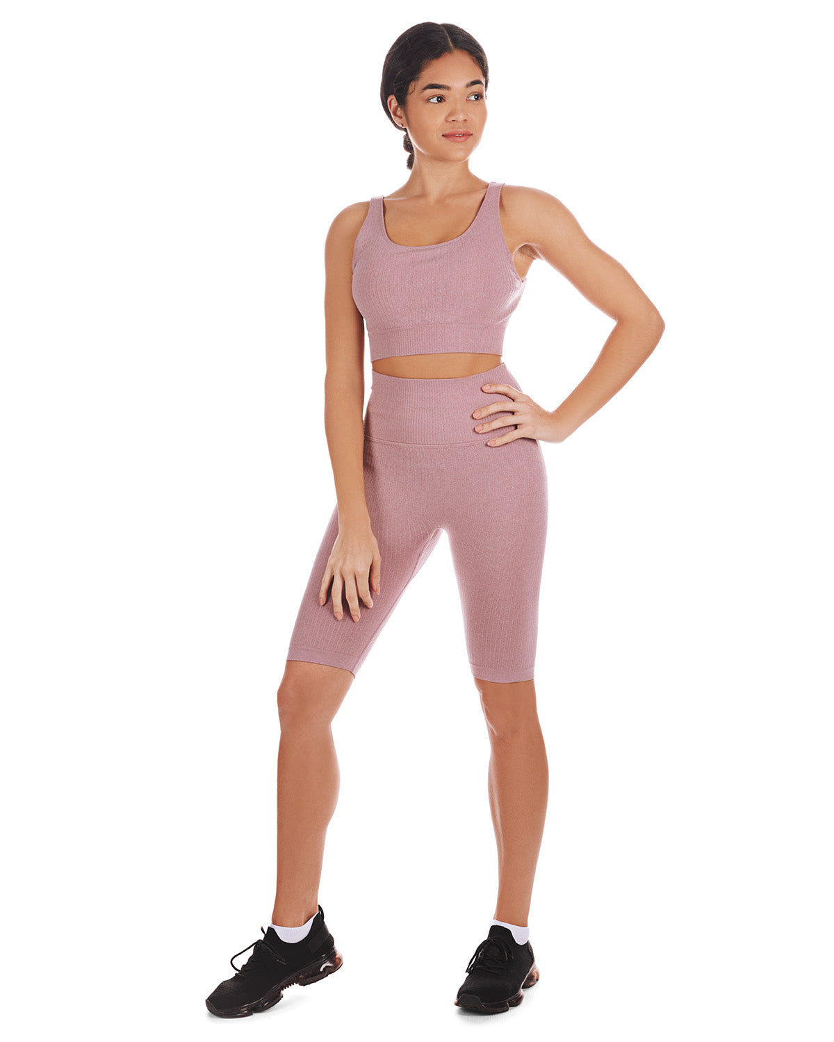 Women's Seamless Ribbed Sports Bra with Removable Cups : Color: Pink Heather