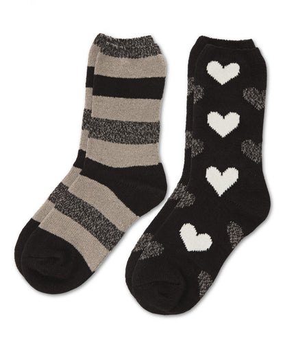 Women's 2 Pair Pack Hearts and Stripes Buttersoft Crew Socks : Color: Black