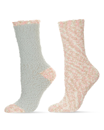 Women's 2 Pair Pack Mixed Pattern Fuzzy Cozy Crew Socks : Color: Powder Pink