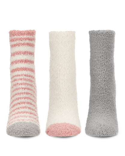 Women's 3 Pair Pack Fuzzy Stripe Cozy Crew Socks : Color: Powder Pink
