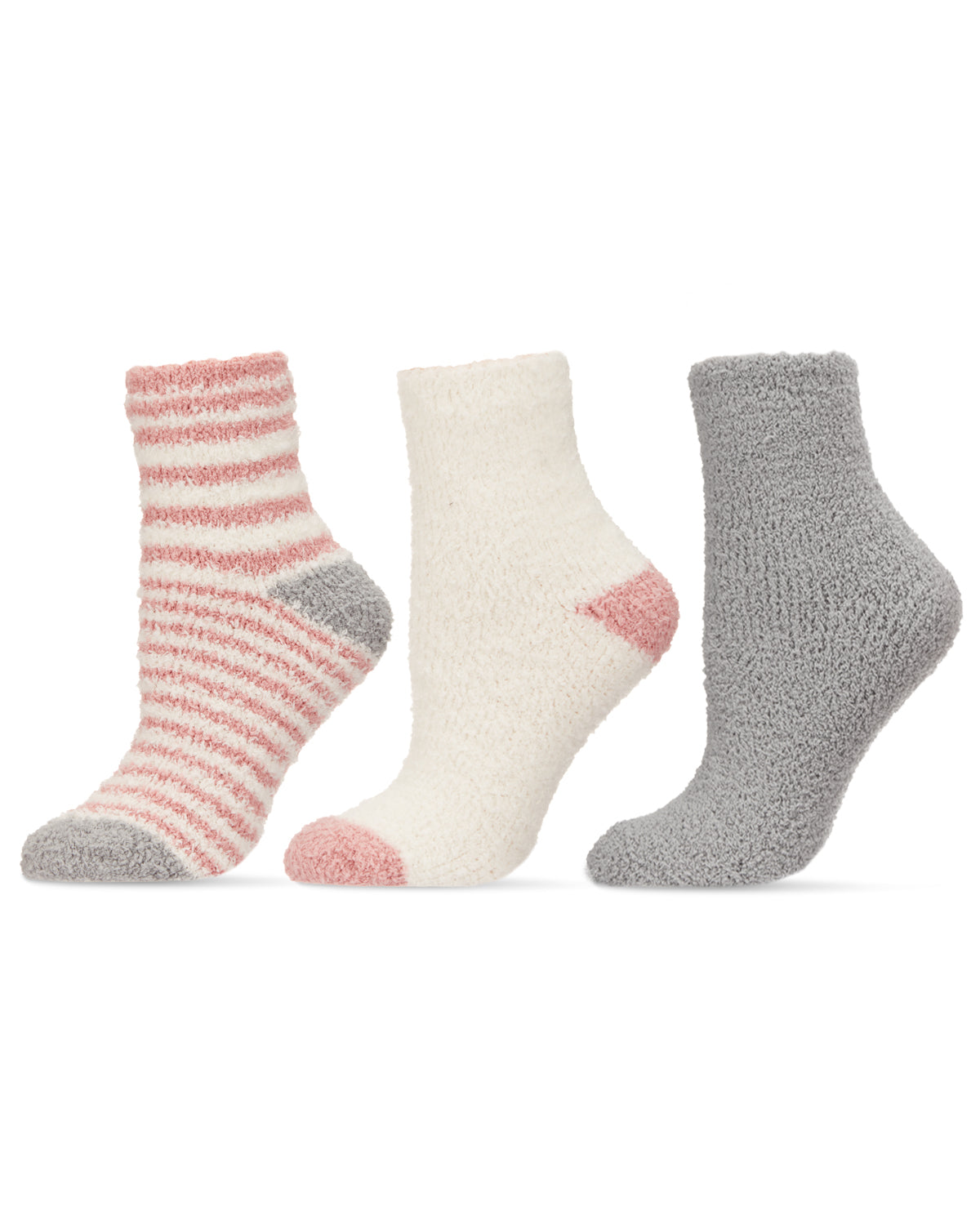 Women's 3 Pair Pack Fuzzy Stripe Cozy Crew Socks : Color: Powder Pink