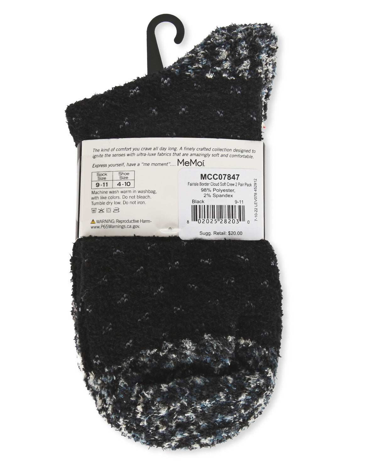 Women's 2 Pair Pack Fairisle Border Cloud Soft Crew Socks : Color: Black