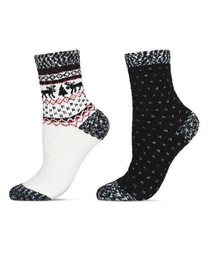 Women's 2 Pair Pack Fairisle Border Cloud Soft Crew Socks : Color: Black