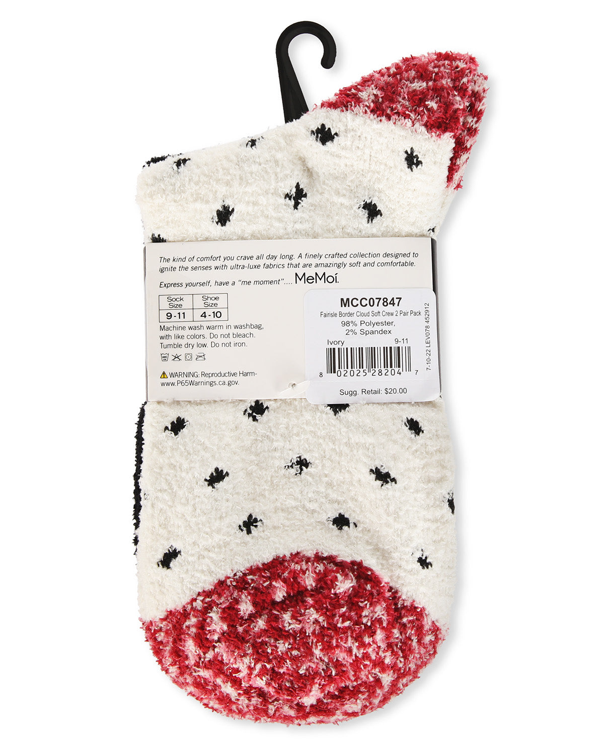 Women's 2 Pair Pack Fairisle Border Cloud Soft Crew Socks : Color: Black