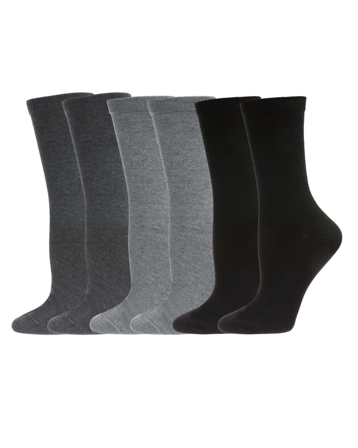Women's 6 Pair Pack Basic Solid Soft Flat Knit Crew Socks : Color: Dark Gray Heather-Med Gray Heather-Black