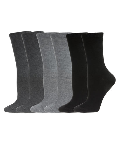 Women's 6 Pair Pack Basic Solid Soft Flat Knit Crew Socks : Color: Dark Gray Heather-Med Gray Heather-Black