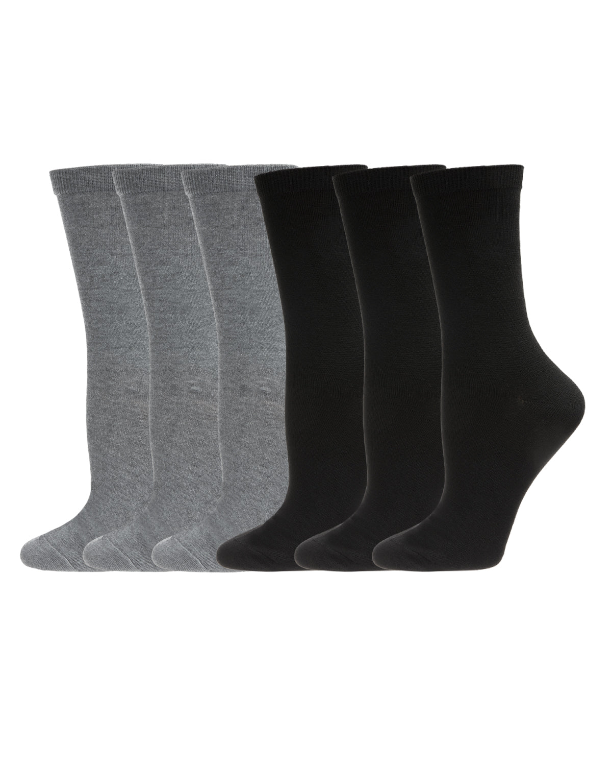 Women's 6 Pair Pack Basic Solid Soft Flat Knit Crew Socks : Color: Gray-Black-Heather