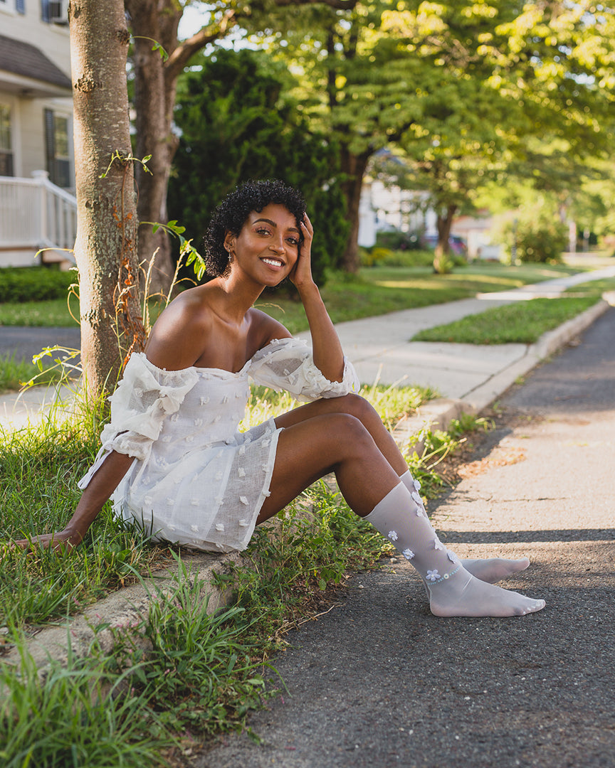 Women's Posy Floral Chiffon Slouch Crew Socks : Color: White