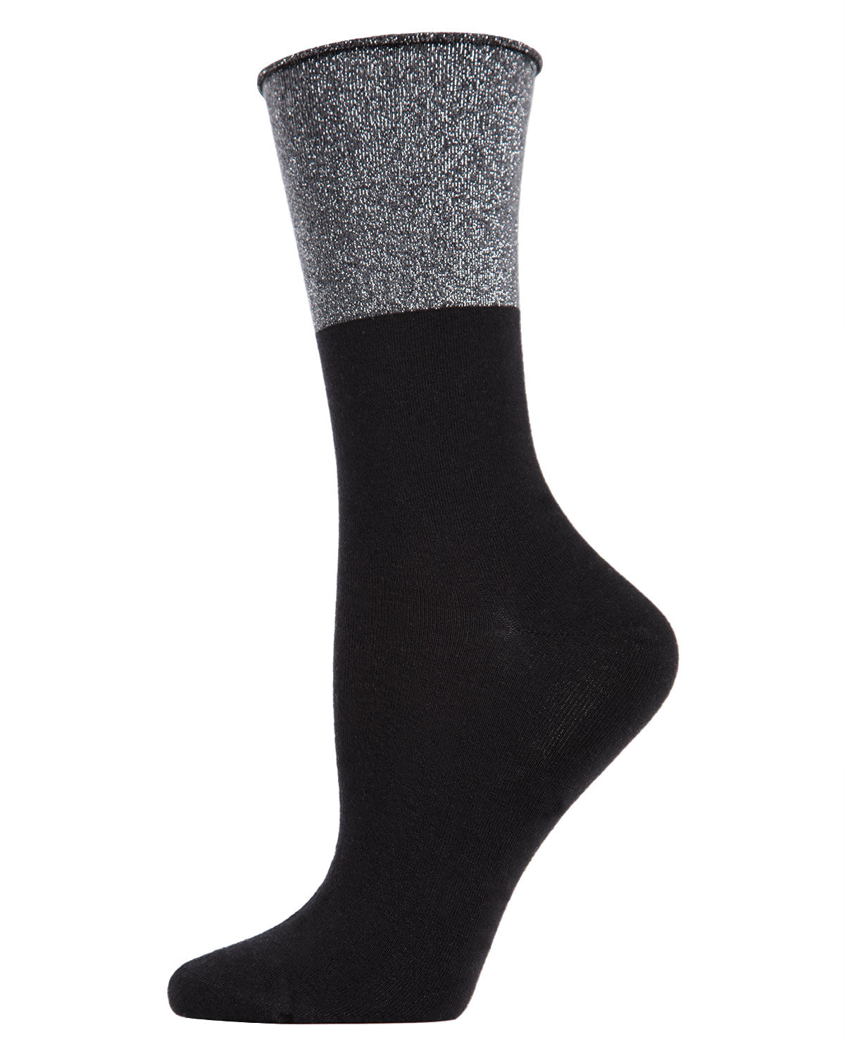 Women's Totally Awesome Metallic Cuff Cotton Blend Crew Sock : Color: Black