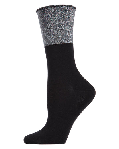 Women's Totally Awesome Metallic Cuff Cotton Blend Crew Sock : Color: Black