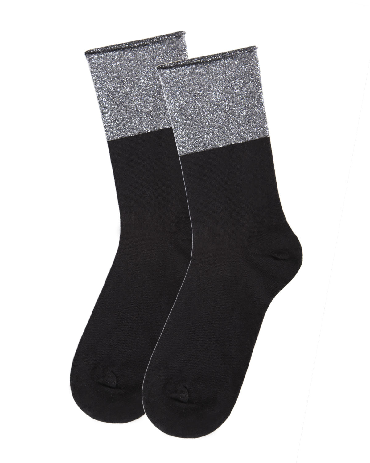 Women's Totally Awesome Metallic Cuff Cotton Blend Crew Sock : Color: Black