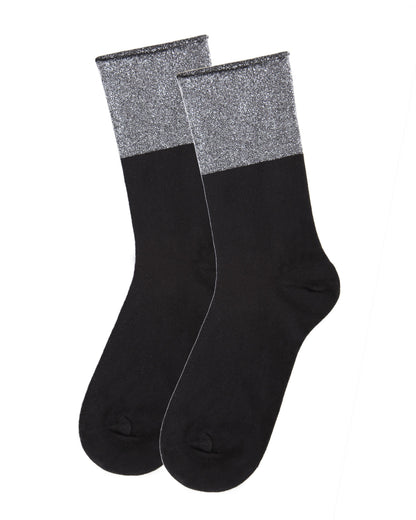 Women's Totally Awesome Metallic Cuff Cotton Blend Crew Sock : Color: Black
