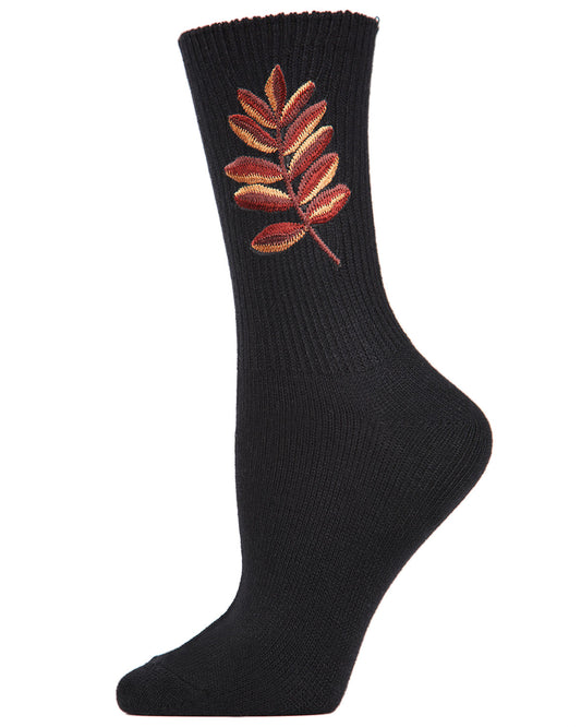 Women's Embroidered Golden Leaf Vintage Style Crew Socks : Color: Black