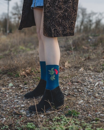 Women's Embroidered Berry Leaf Vintage Style Crew Socks : Color: Teal