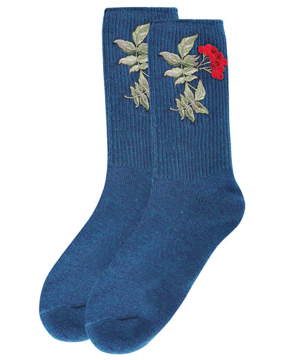 Women's Embroidered Berry Leaf Vintage Style Crew Socks : Color: Teal