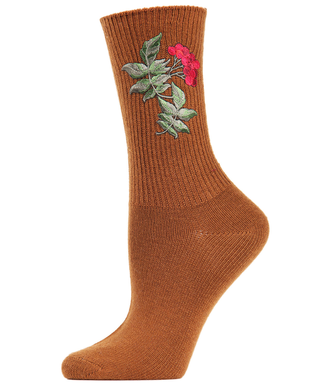Women's Embroidered Berry Leaf Vintage Style Crew Socks : Color: Mustard