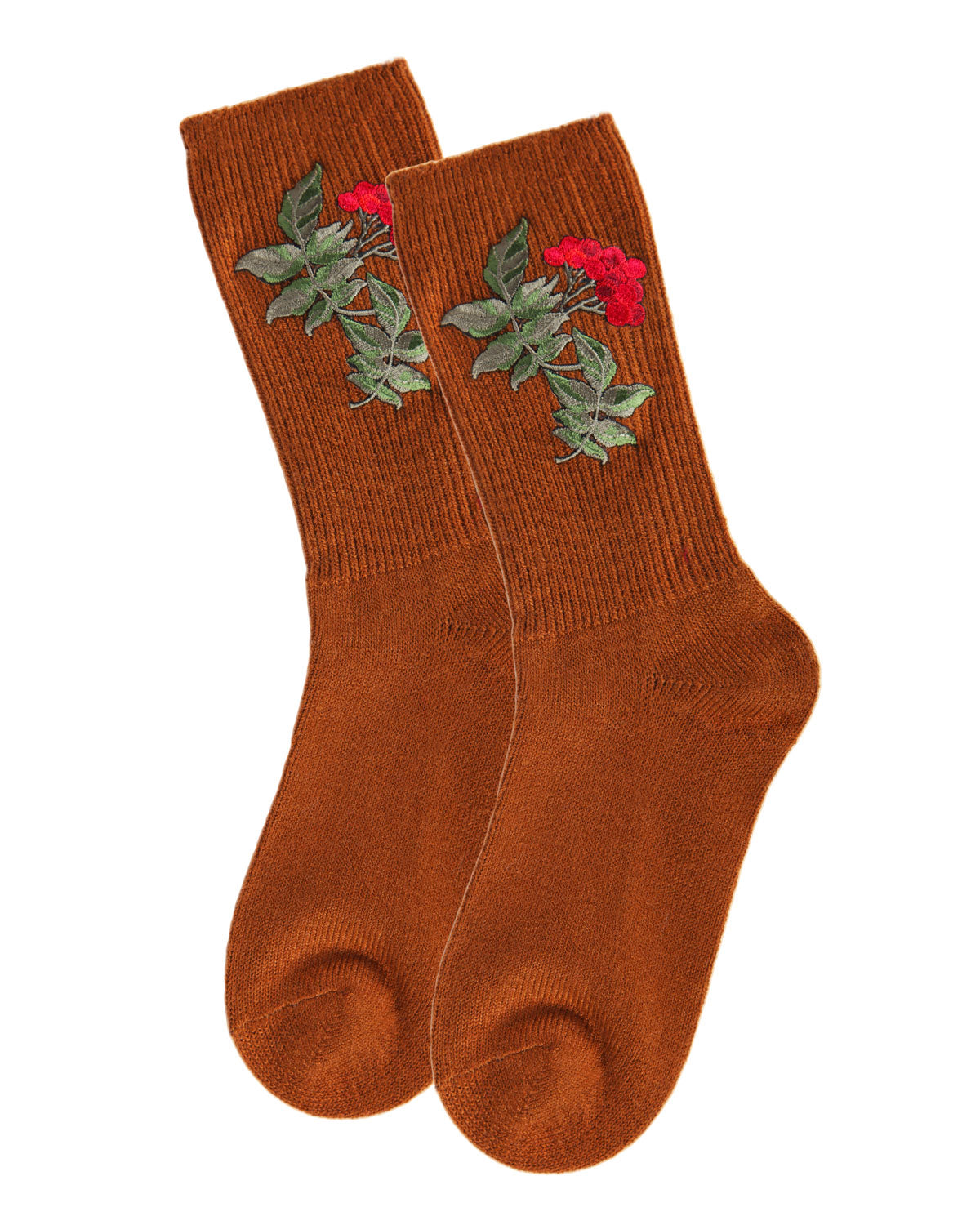 Women's Embroidered Berry Leaf Vintage Style Crew Socks : Color: Teal