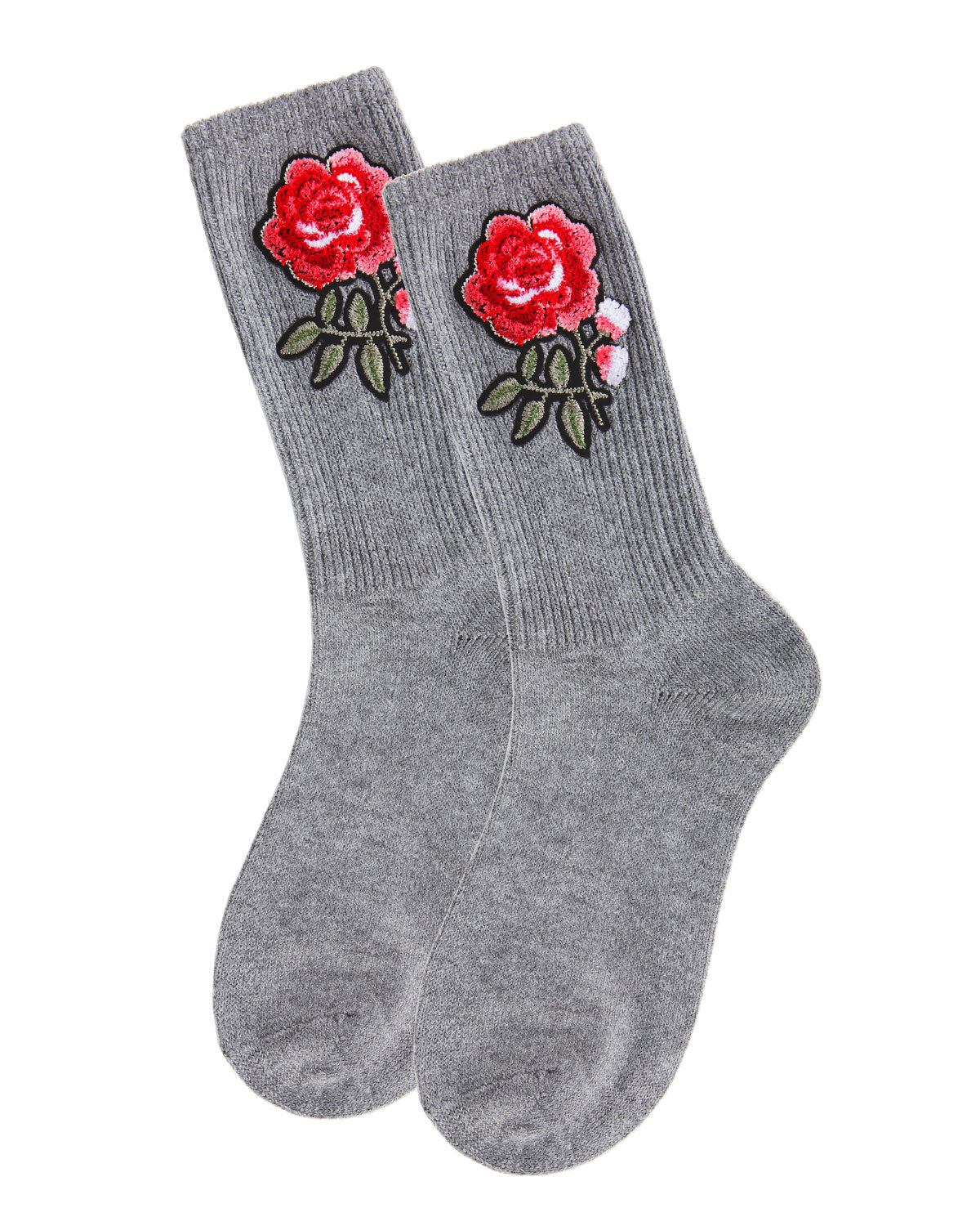 Women's Embroidered Rose Path Vintage Style Crew Socks : Color: Gray Heather