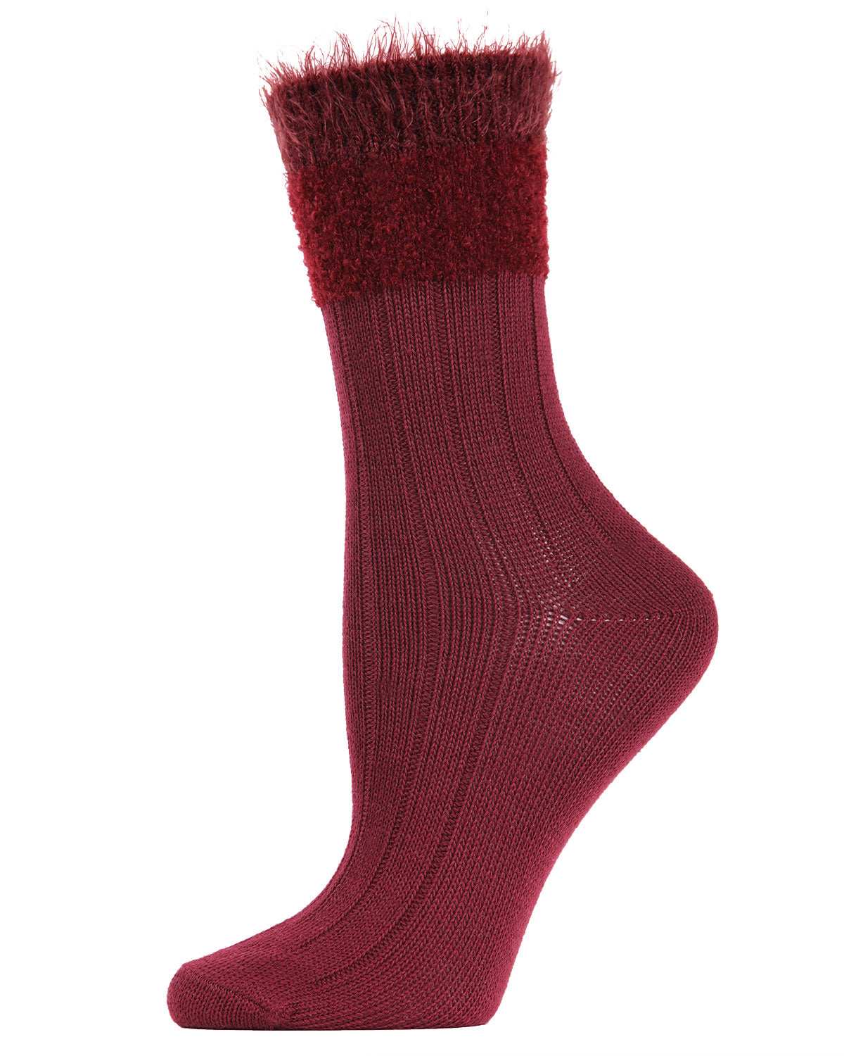 Women's Parfait Striped Fuzzy Cuff Crew Socks : Color: Burgundy