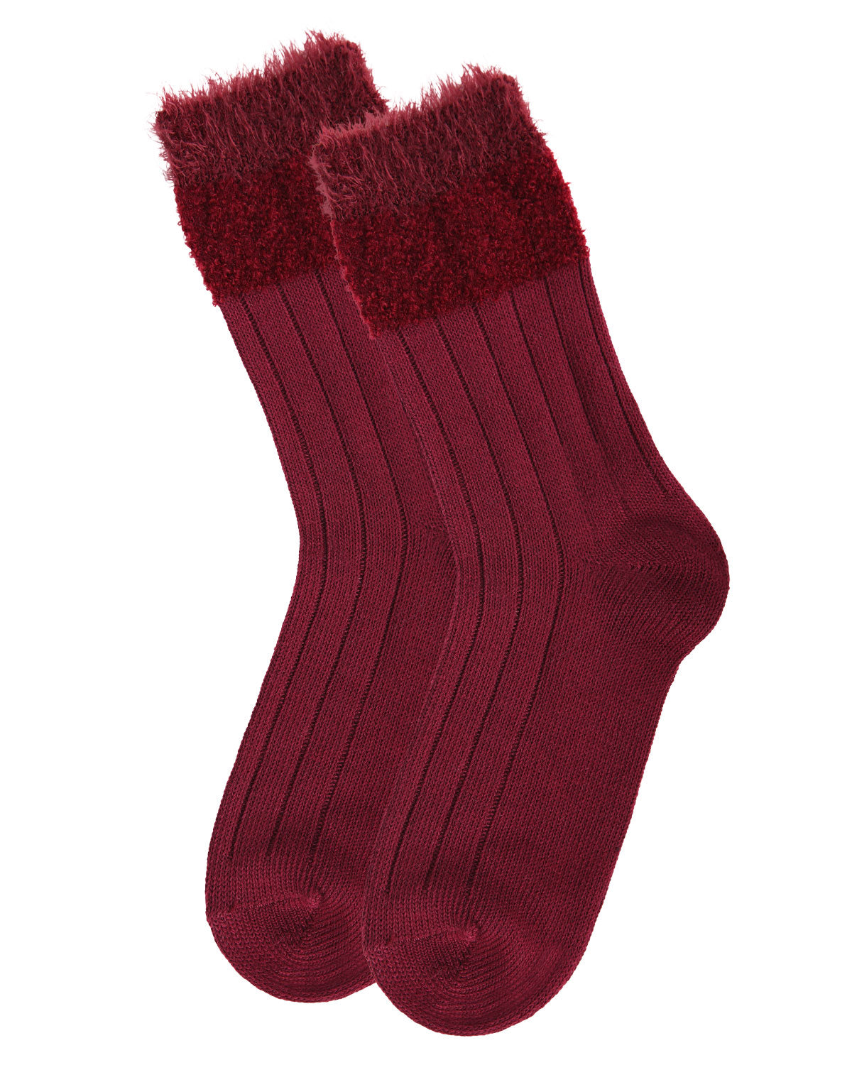 Women's Parfait Striped Fuzzy Cuff Crew Socks : Color: Burgundy