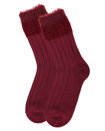 Women's Parfait Striped Fuzzy Cuff Crew Socks : Color: Burgundy
