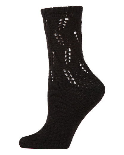 Women's Pointelle Sweater Knit Cozy Soft Crew Socks : Color: Black