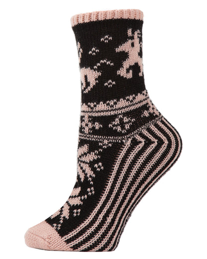 Women's Embroidered Reindeer Sweater Knit Crew Socks : Color: Blush Pink