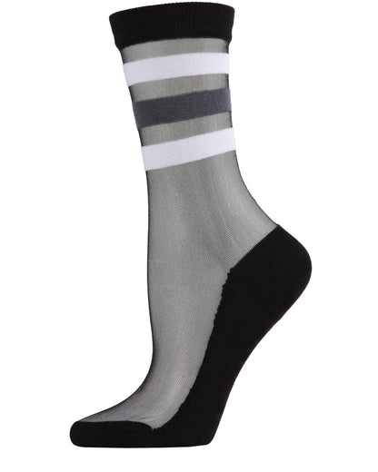 Women's Reverse Terry Stripe Sheer Cotton Blend Crew Sock : Color: Black