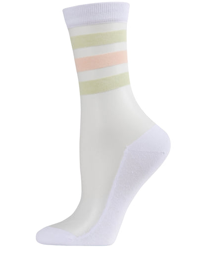 Women's Reverse Terry Stripe Sheer Cotton Blend Crew Sock : Color: White