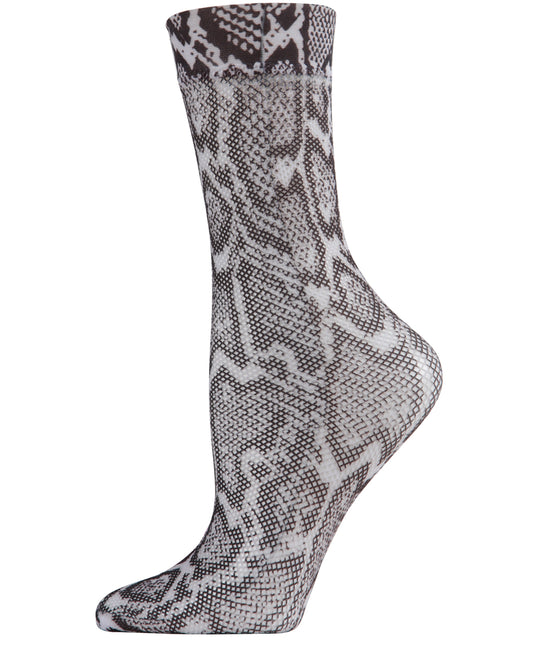 Women's Faux Snakeskin Print Fishnet Textured Crew Sock : Color: Black