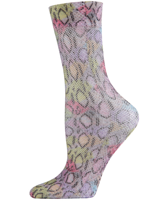 Women's Lounge Lizard Print Colorful Fishnet Crew Sock : Color: Multi