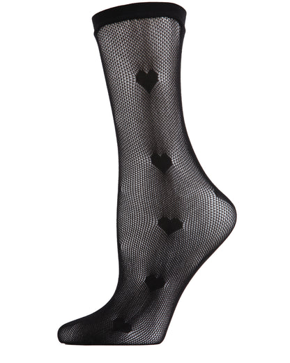 Women's Heart Pattern Fishnet Sheer Crew Sock : Color: Black