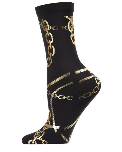 Women's Bling Bling Shiny Gold Chain Print Crew Sock : Color: Black